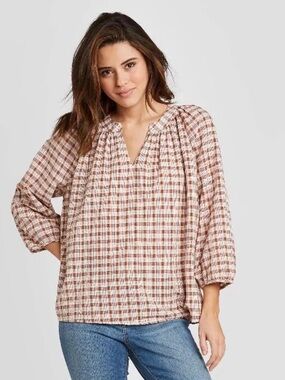 Womens Universal Thread Brown Plaid Long Sleeve VNeck Peasant Top XXL Flowy Boho